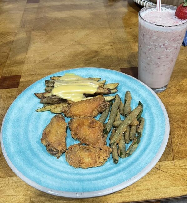 Fried Chicken-Fried String Beans- Seasoned Fries with Cheese