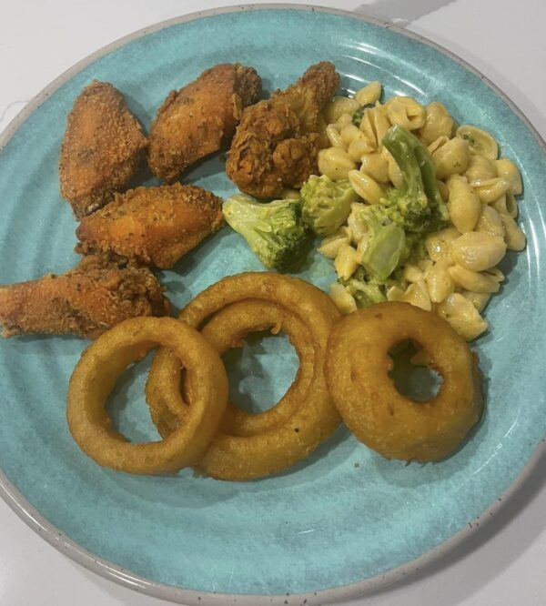 Fried Chicken-Onion Rings-Cheesey Shells and Broccoli